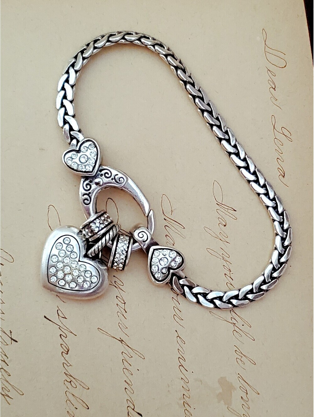 Vintage Brighton Heart Crystal Charm Scrollwork Silver-tone Wheat Chain Bracelet